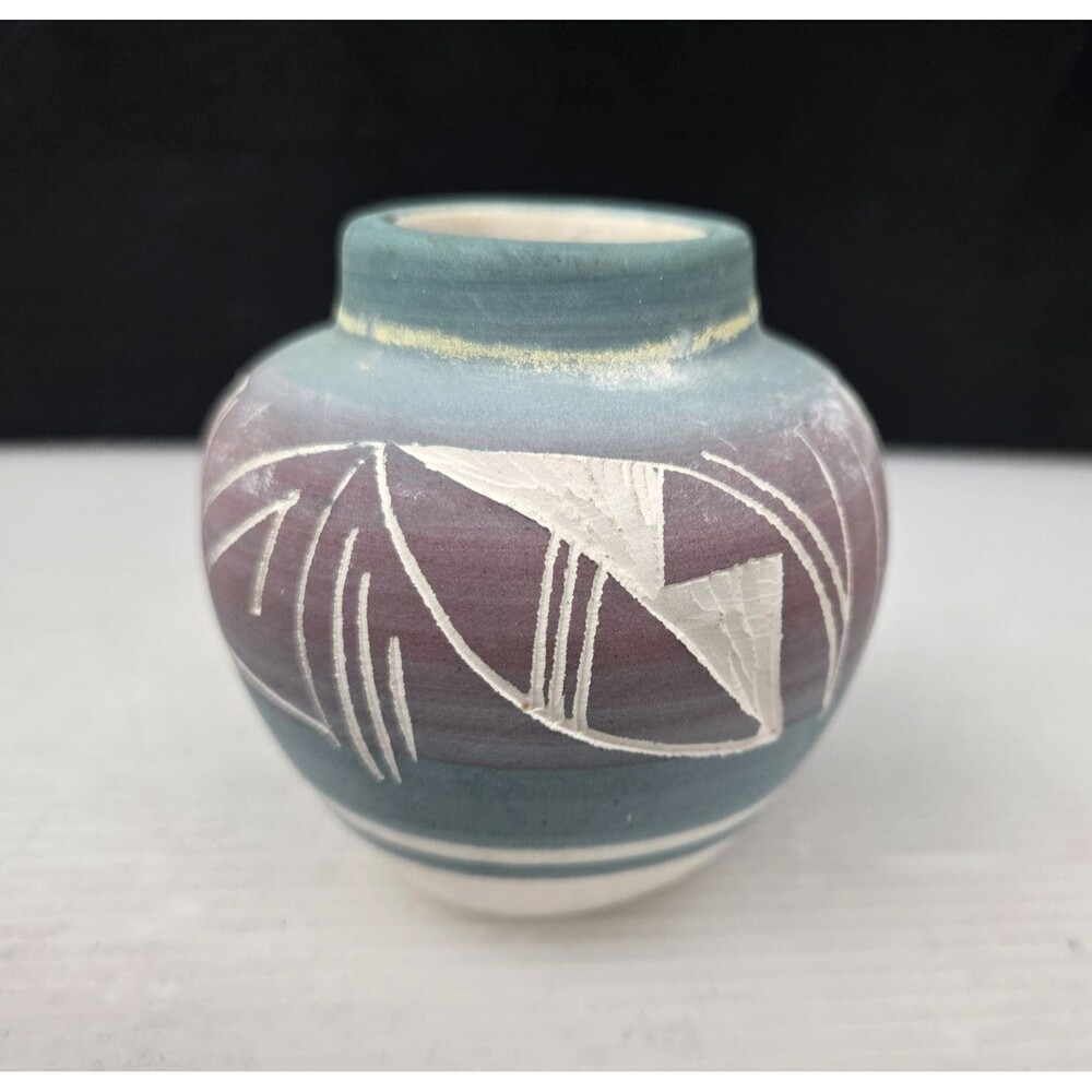 Native American Navajo Pottery Vase Etched Southwestern Signed Silas BOHO 3”